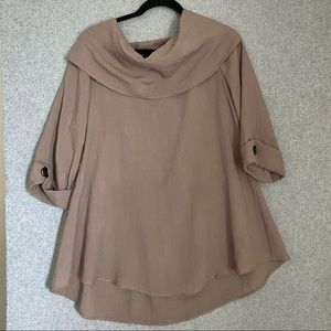 Yushi cowl neck tunic 3/4 sleeves in taupe made in USA